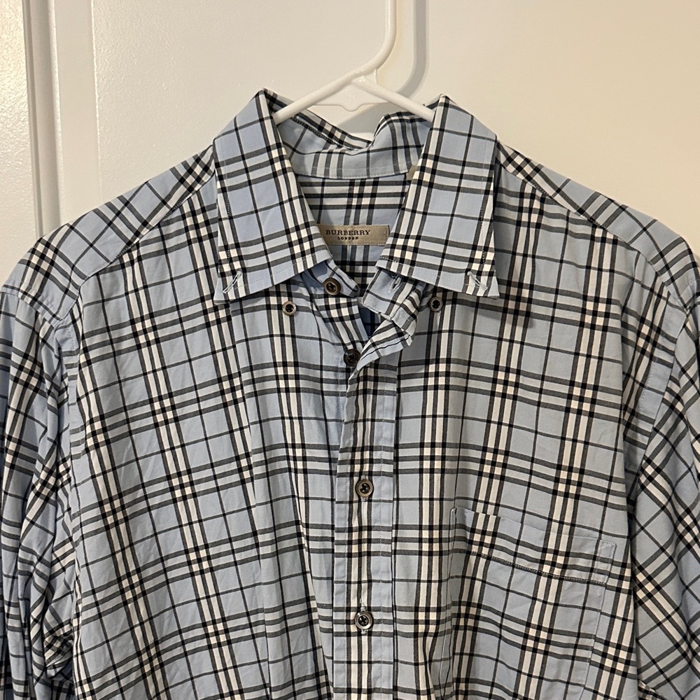 Burberry Men's Light Blue and Black Check Shirt